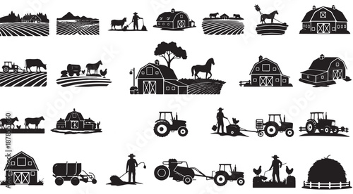 Mega Set of Agriculture and Farming Silhouettes; Comprehensive Collection of Barns, Tractors, Farmers, Livestock, and Rural Countryside Landscapes Isolated on White Background 
