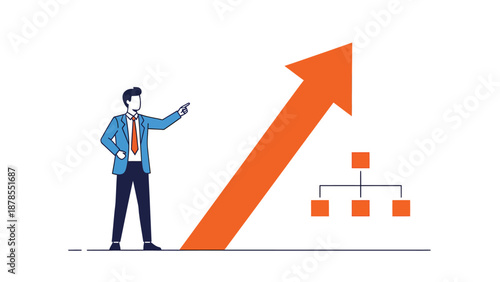 Businessman pointing at upward growth arrow with organizational chart, symbolizing business strategy and success