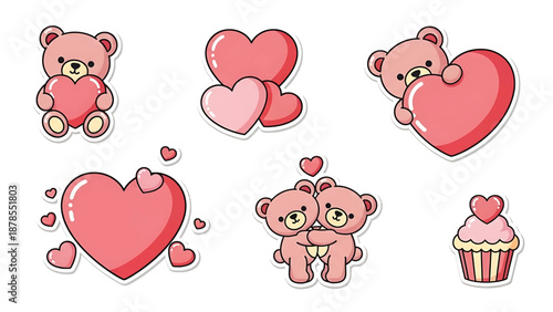 Pink Cartoon Teddy Bears and Hearts.