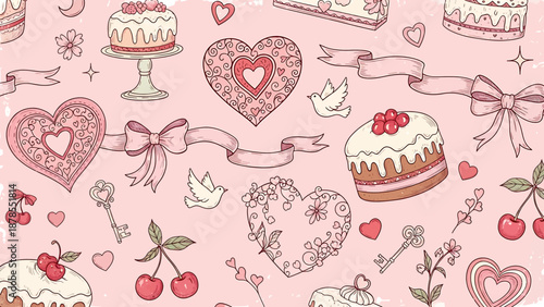 Valentines Day Hearts Cakes Pastries Illustration.