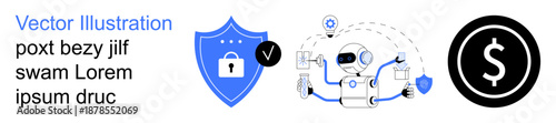 Data security, artificial intelligence, fintech, cybersecurity, technology automation, financial security. Robot managing tasks with shield and dollar symbol. Data security and AI-driven fintech