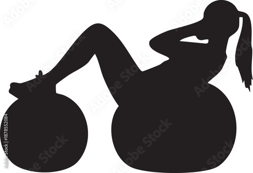 This image shows a sleek, black silhouette of a woman doing crunches with a fitness ball.
