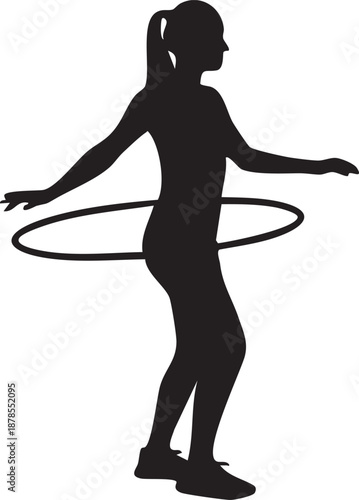 An elegant, black silhouette showcases a woman enjoying a classic hula hooping activity.
