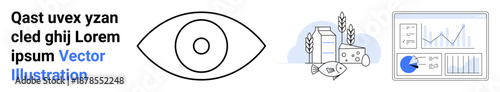 Eye symbol for vision, dairy products with fish and grain for agriculture, data charts for analytics. Ideal for agriculture, analytics, vision tech, data visualization, business, education simple