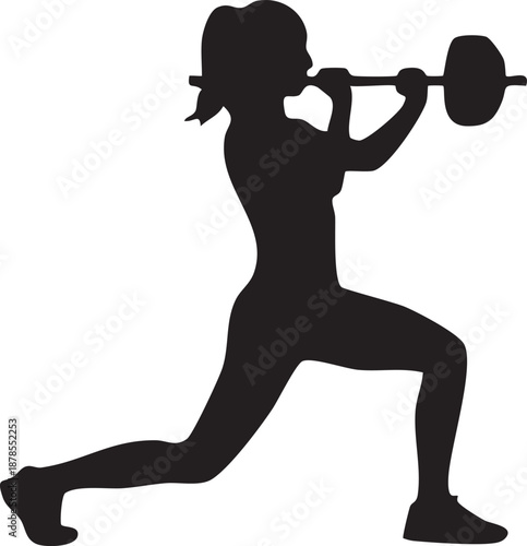 This image features a bold, black silhouette depicting a woman intensely focused on a weightlifting squat.
