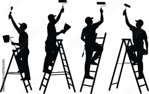 Painter & Decorator Silhouette Vector Set  Workers on Ladders with Paint Rollers