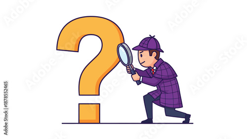 Cartoon Detective Investigating Question Mark with Magnifying Glass - Search, Mystery, Problem Solving Concept
