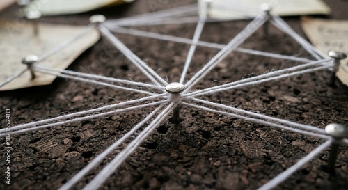 Detailed view of a string mind map or evidence board with white threads connecting various metal pins on a dark cork surface for investigation themes