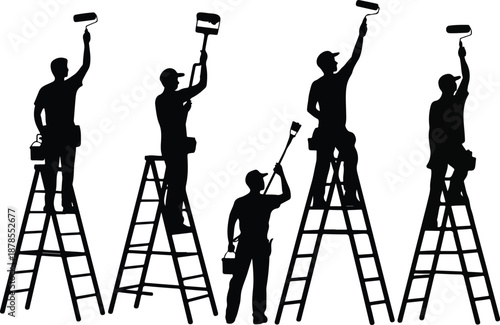 Painter & Decorator Silhouette Vector Set  Workers on Ladders with Paint Rollers