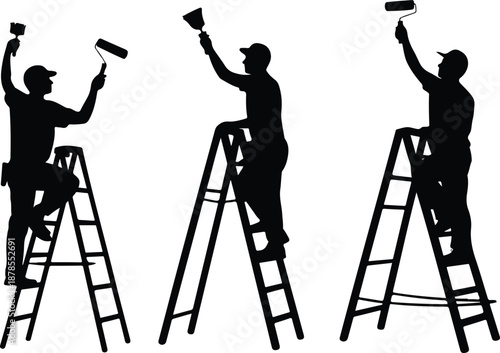 Painter & Decorator Silhouette Vector Set  Workers on Ladders with Paint Rollers