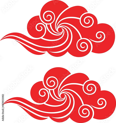 Stylized Red Asian Clouds with Swirling White Patterns, Traditional Oriental Decorative Elements, Auspicious Vector Art Design for Cultural Themes and Festivities