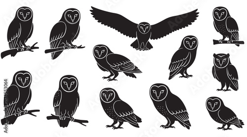 Large Set of Barn Owl Silhouettes and Stylized Illustrations; Wise Night Birds in Flying, Perched, and Standing Poses Isolated on White Background for Wildlife, Nature, and Halloween Graphic Design