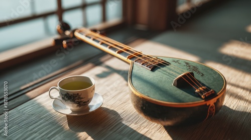 Shamisen instrument and cup of tea on a wooden table