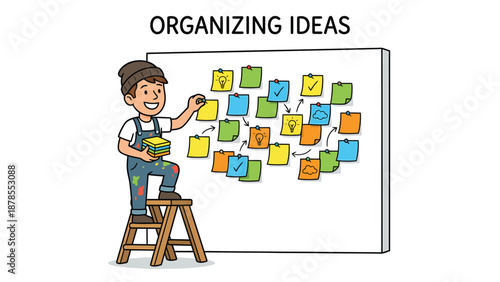 Idea Mapping: Boy on Ladder Organizing Sticky Notes on Whiteboard