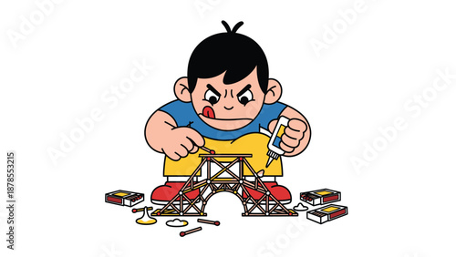 Cartoon boy intently building a model kit with glue, focused on his intricate craft project