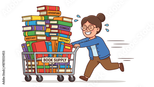 Librarian Pushing Cart Full of Books: Cartoon Illustration