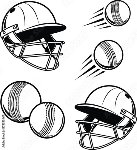 Cricket Helmets and Balls with Motion Trails in a Stylized Black and White Illustration