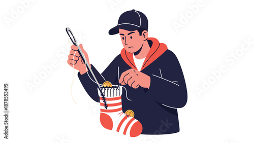 Young man knitting a striped sock. Focused on handmade craft, hobby, and DIY activity. Flat vector illustration.