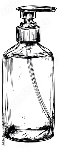 Hand drawn line art illustration of a pump bottle depicting a liquid dispenser for personal hygiene