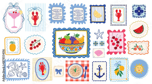 Summer Mediterranean Elements Vector Collection, Italian Food and Marine Frames, Retro Stamps and Posters, Aesthetic Vintage Style Illustration for Travel and Design
