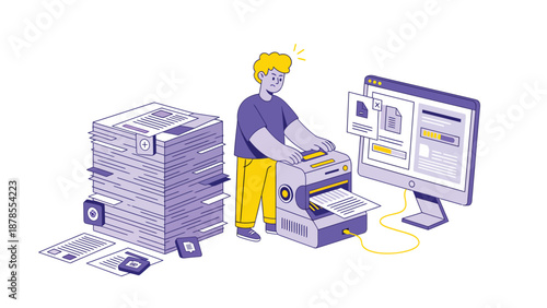 Office worker digitizing paper documents with a scanner and computer. Data conversion and digital filing concept.