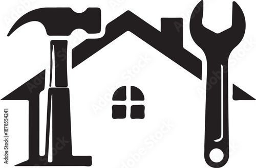House repair and maintenance tools symbol with hammer and adjustable wrench