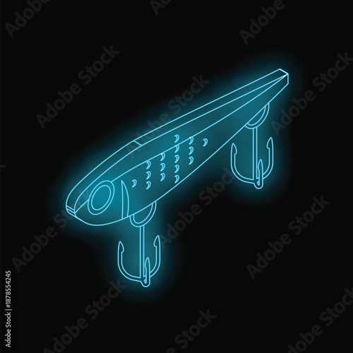 Neon fishing lure icon glowing in the dark, isometric view