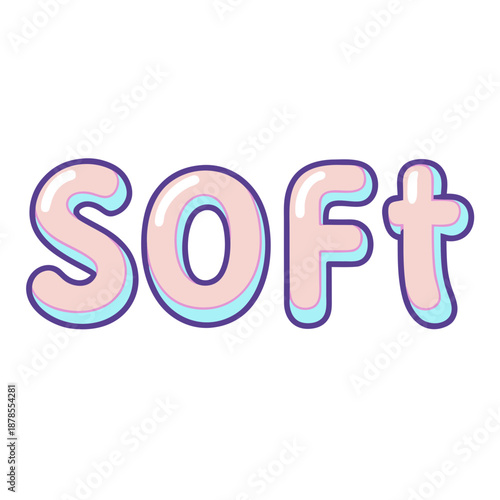 Clean 3D puffy vector text illustration spelling SOFT with inflated bubble shapes and glossy pastel pink blue gradient on white background for design