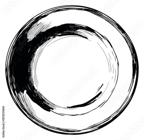 Hand drawn ink illustration of a circular brush stroke depicting an artistic texture for abstract design projects