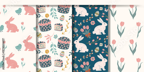 Spring backgrounds with bunnies, flowers and easter eggs. Springtime seamless patterns. Easter ornaments
