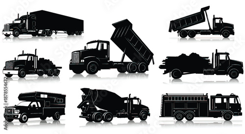 Set of Heavy Truck Silhouettes and Commercial Vehicle Icons; Collection featuring Semi-Trailer, Dump Truck, Cement Mixer, Fire Engine, and Logging Truck Isolated on White Background with Reflection