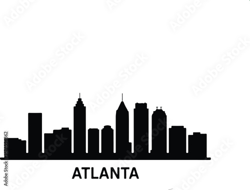 A minimalist black and white cityscape silhouette of Atlanta, Georgia.