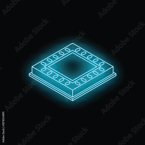 Neon blue microchip representing technological advancement and processing power