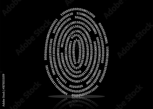 Futuristic digital illustration of a fingerprint formed entirely from binary code on a black background. Symbolizing cybersecurity, identity protection, digital authentication, and biometric data.
