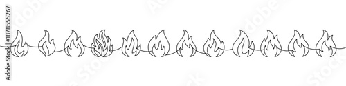 Fire line art with continuous flame silhouettes. Minimalist black outline fire pattern for decoration and design projects