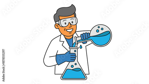 Scientist Experiment: Laboratory Flasks and Liquid Pouring Illustration