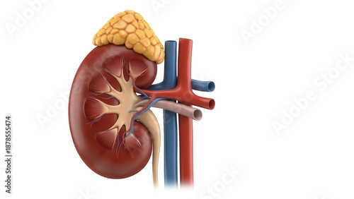 Human kidney with adrenal gland isolated PNG, detailed anatomical model on transparent background for medical education and healthcare visuals