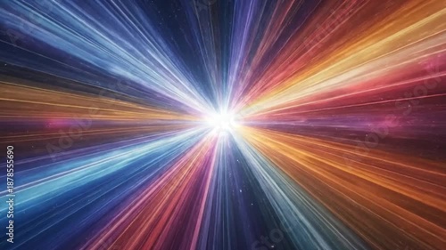 Abstract colorful light rays burst from the center of the image.