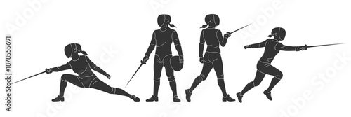 Set cartoon silhouette female engaging fencing activity. Bundle woman playing fencing with various gesture and motion. Flat vector illustrations athlete.