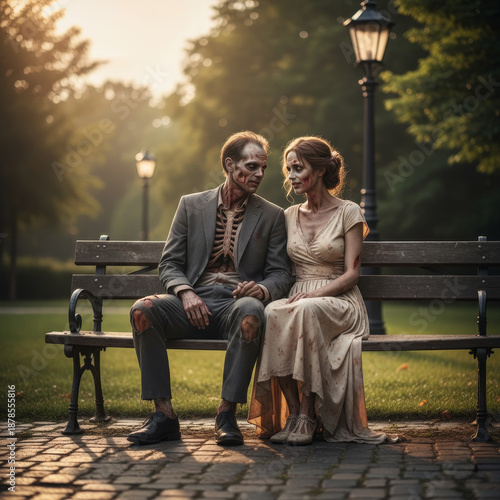 Zombie Couple Sitting Together on a Park Bench at Sunset