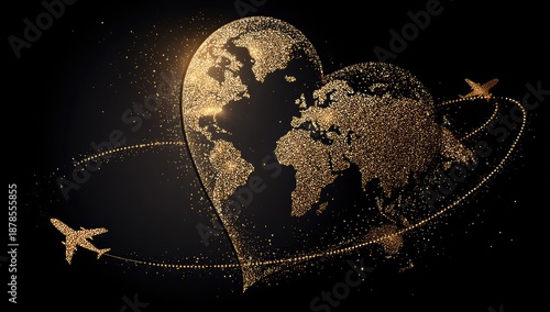 Glittering heart-shaped world map with orbiting airplanes, on black background