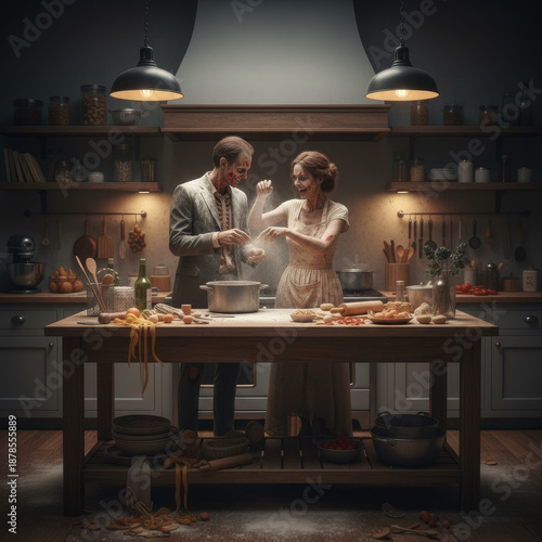 Zombie couple cooking together in a cozy kitchen