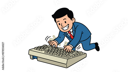 Cartoon Businessman Frustrated With Keyboard, Breaking Keys