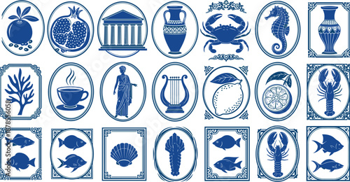 Blue and White Greek Mythology Icon Set with Seafood Ancient Temple Vases Fruits and Mediterranean Travel Elements for Restaurant Menu Design Flat Vector Illustration