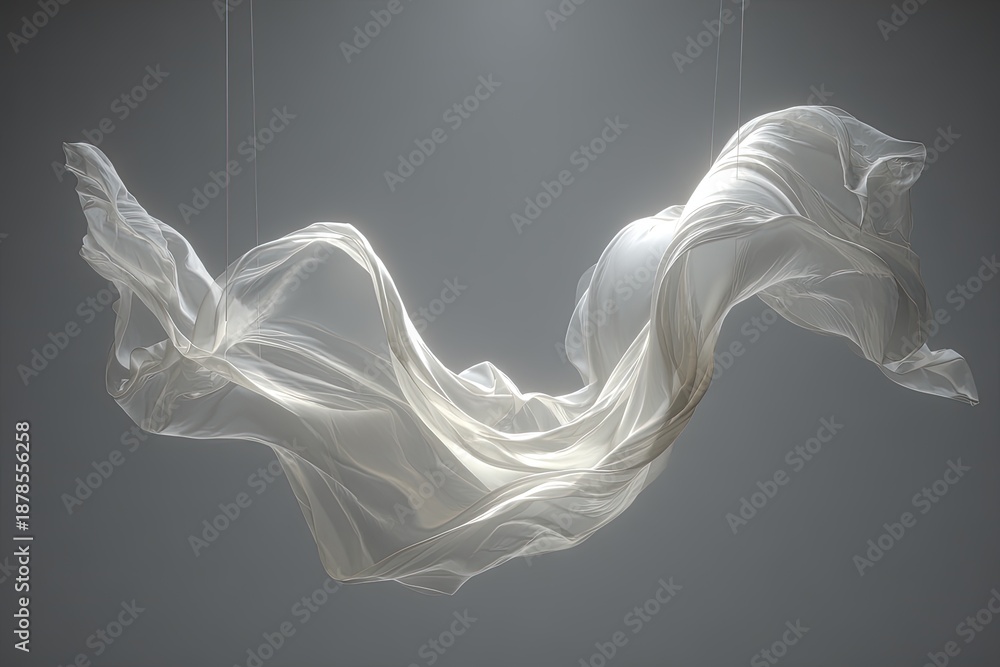 Naklejka premium Ethereal white fabric flows in soft light, suspended in a serene atmosphere