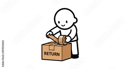 Cute cartoon character sealing a 'RETURN' box with tape, ready for shipment. E-commerce return process illustration.