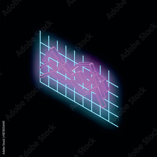 Glowing neon pink line graph trending downwards on a vibrant blue grid, representing financial downturn or market decline