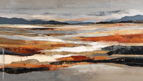 Abstract landscape with muted earth tones, layered textures, and reflective water
