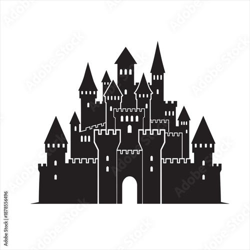 Detailed Medieval Castle Silhouette with Fortified Walls and High Towers; Royal Stone Fortress and Citadel Illustration Isolated on White Background for Fantasy and History Design