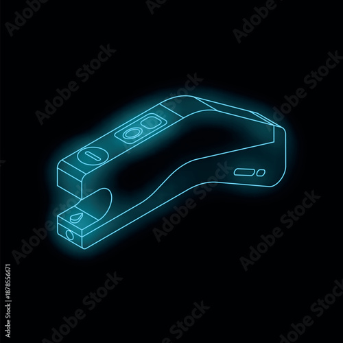 Neon scanner emitting light in dark environment, representing innovation and technology